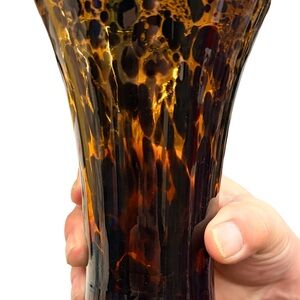 Vintage Hand Blown Tortoise Shell Art Glass Vase Amber Leopard Print MCM 6"